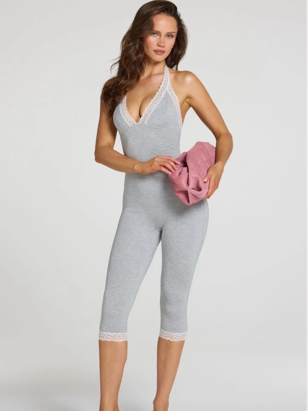 Oh Polly Gray Lace-Trim Capri Bodysuit